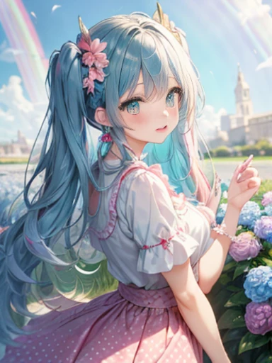 The arrival of spring、big butt、 (alone:1.5,)Super detailed,bright colors, very beautiful detailed anime face and eyes, look straight, ;d, shiny_skin,girl, (((rainbow colored hair, colorful hair, Half blue、half pink hair: 1.2),)) 、forehead is exposed.、green eyes、、shiny hair, delicate beautiful face, blush、(turquoise eyes), White skin, Valletta, earrings,、blue flower field、（tight、blue blouse）、polka dot long skirt、twin tails