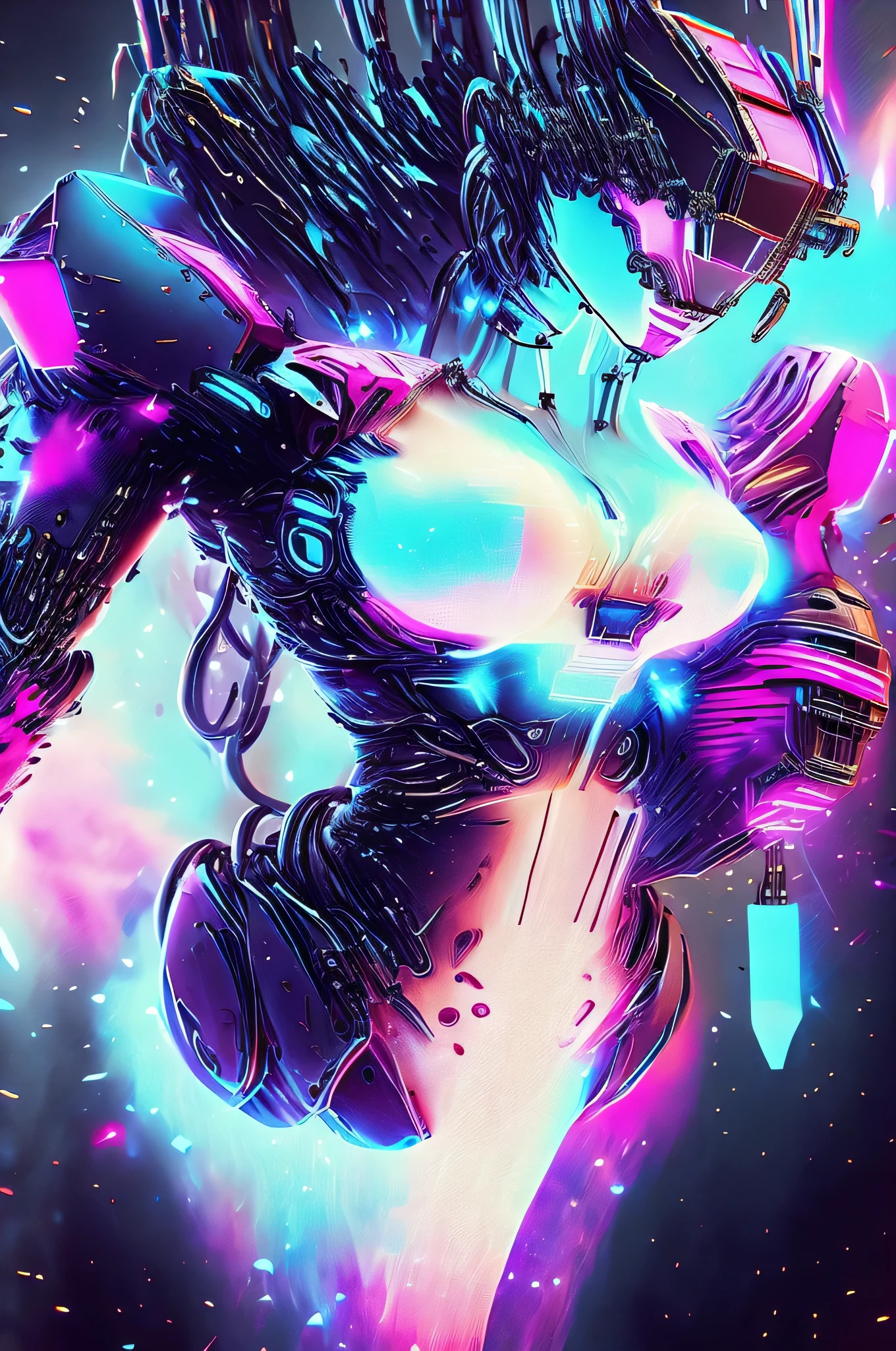 Blond-haired, Blue eyes, One long ponytail hair, visor, cleavage, beautiful mecha shiny, (Holographic blue and pink (full body armor with gadgets)), Translucent armor, ample breasts larger than the head, Strap Slip One-Piece Swimsuit, (thigh-high platform boots), she is posing for the camera, scifi, mecha,