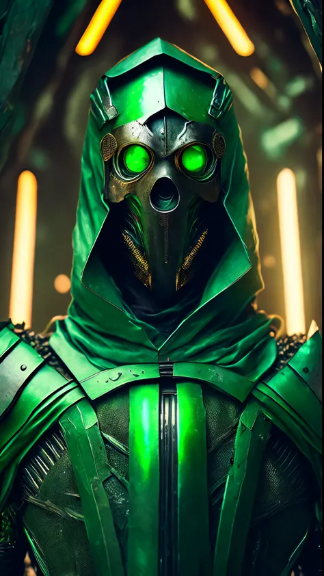 breathtaking cinematic science fiction photo of a portrait of a non human masked Grim wrapped in green chrome metal skin, body f...
