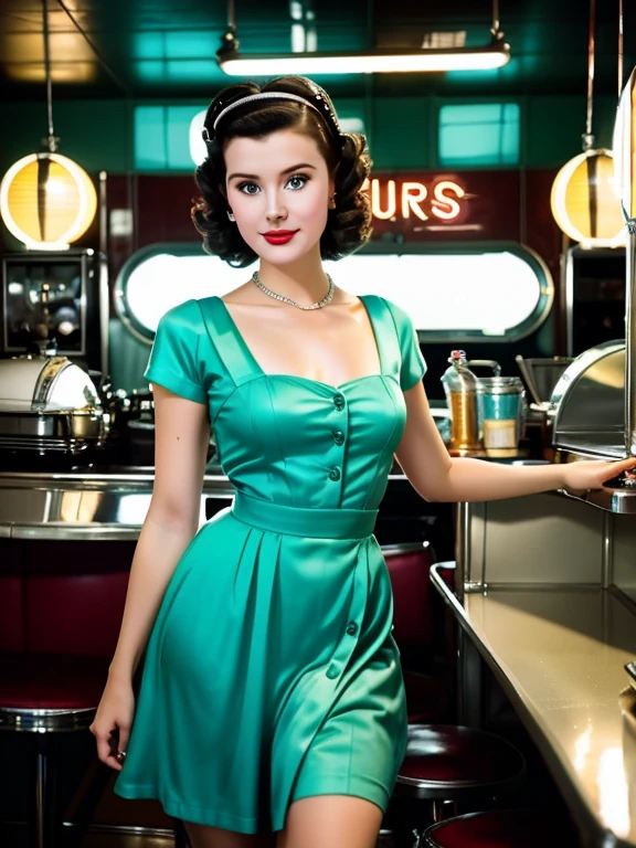 1fille vêtue d&#39;une robe inspirée des années 1950, serveuse de restaurant, ses cheveux sont coiffés de boucles classiques. Elle devrait être assise dans un restaurant à l&#39;ancienne, entouré de détails vintage comme un juke-box, accents chromés, et des enseignes au néon. Ses yeux devraient pétiller d&#39;excitation, sa peau impeccable et éclatante sous la douceur, Éclairage dramatique. Cette scène doit être capturée sur un film 35 mm, avec une belle profondeur de champ et un léger flou, fond nostalgique,, film,