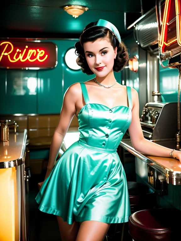 1fille vêtue d&#39;une robe inspirée des années 1950, serveuse de restaurant, ses cheveux sont coiffés de boucles classiques. Elle devrait être assise dans un restaurant à l&#39;ancienne, entouré de détails vintage comme un juke-box, accents chromés, et des enseignes au néon. Ses yeux devraient pétiller d&#39;excitation, sa peau impeccable et éclatante sous la douceur, Éclairage dramatique. Cette scène doit être capturée sur un film 35 mm, avec une belle profondeur de champ et un léger flou, fond nostalgique,, film,