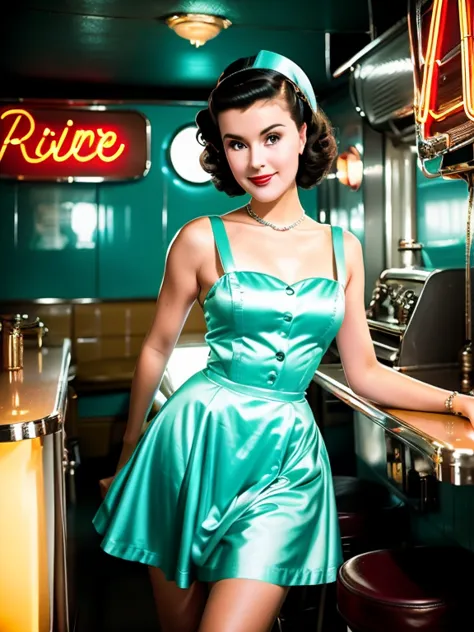 1girl dressed in a 1950s-inspired dress, diner waitress, her hair styled in classic pin curls. She should be seated at an old-fa...