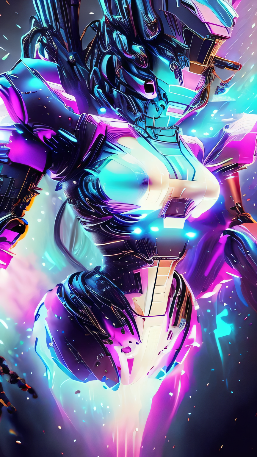 Blond-haired, Blue eyes, One long ponytail hair, visor, cleavage, beautiful mecha shiny, (Holographic blue and pink (full body armor with gadgets)), Translucent armor, ample breasts larger than the head, Strap Slip One-Piece Swimsuit, (thigh-high platform boots), she is posing for the camera, scifi, mecha,