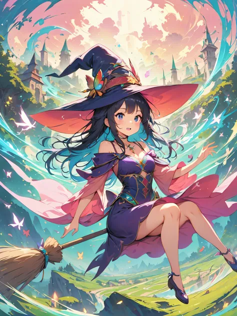 (masterpiece, highest quality:1.2),1 girl,perfect face,cute, ((((flying witch))),((Ride a broom)),broom flight,Straddling the broom,anatomically correct,masterpiece,highest quality,最高masterpiece,8K,,Wind,fantasy,,wonderful,, Mysterious, Charm, Whimsical, p...