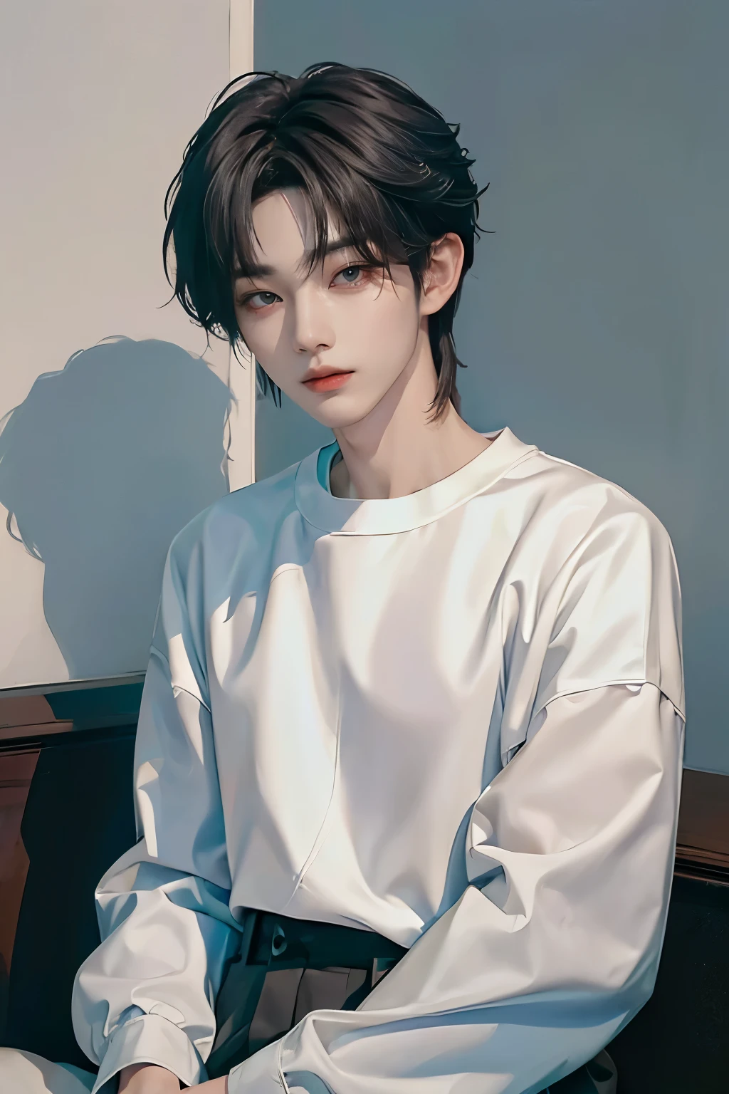 ​masterpiece、（top-quality)、((high-level image quality))、One Manly Boy、Slim body、((White Y-shirt and long black pants))、(Detailed beautiful eyes)、Stylish city background、sitting on a curb、Face similar to Chaewon in Ruseraphim、((short hair above the ears))、((Smaller face))、((Neutral face))、((Gray hair and red eyes))、((Korean boy))、((18year old))、((Handsome man))、((Wild look))、((Korean Makeup))、((elongated and sharp eyes))、((Sit in front of the viewer))、((Photograph him from afar))