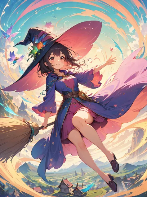 (masterpiece, highest quality:1.2),1 girl,perfect face,cute, ((((flying witch))),((Ride a broom)),broom flight,Straddling the broom,anatomically correct,masterpiece,highest quality,最高masterpiece,8K,,Wind,fantasy,,wonderful,, Mysterious, Charm, Whimsical, p...