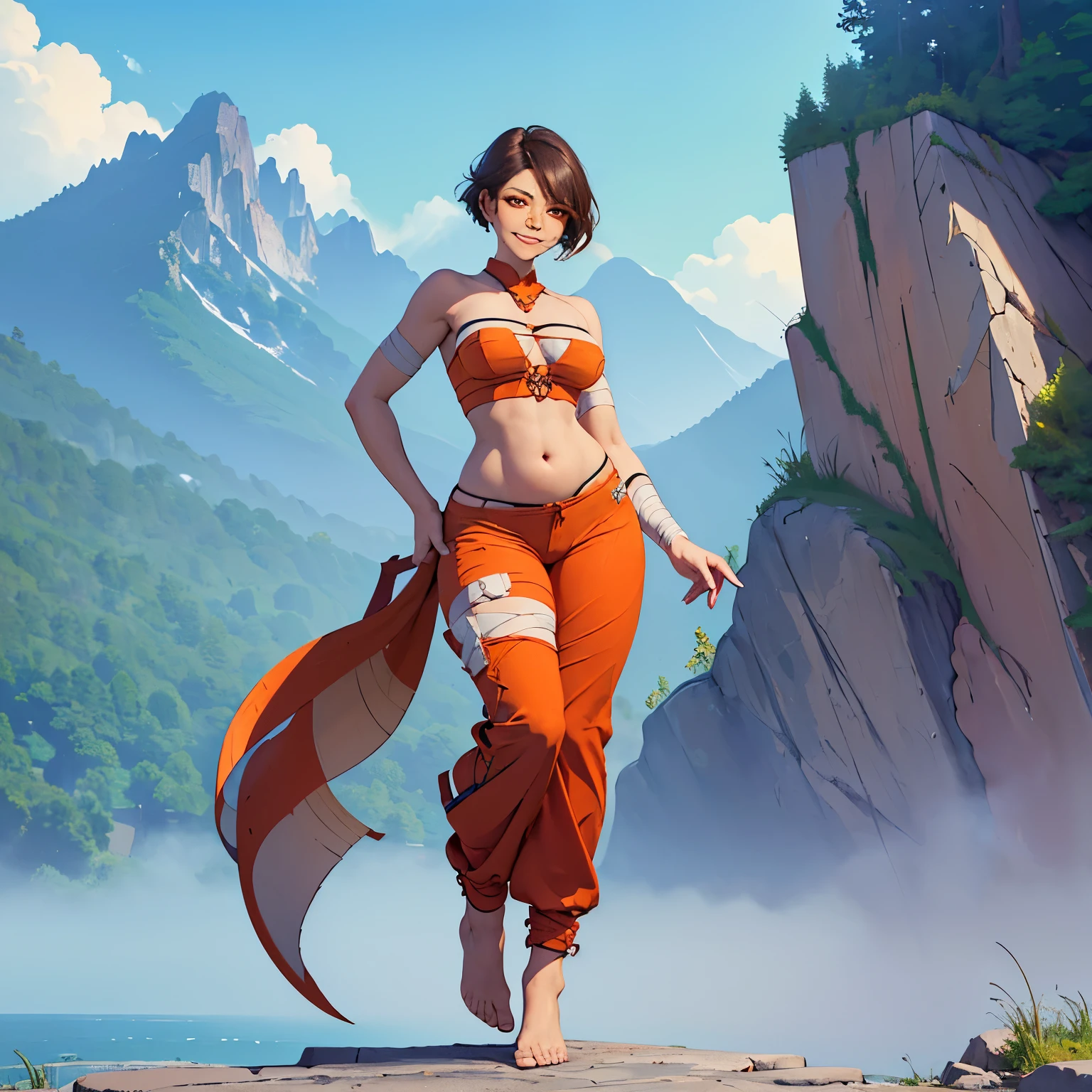 [Master Tigress], ((masterpiece)), ((HD)), ((high res)), ((solo portrait)), ((full body)), ((front view)), ((feet visible)), ((furry)), ((beautiful render art)), ((soft shading)), {tigress; (slim figure), (cute eyes), (detailed red iris), (curvy hips), (huge bloated belly)(big stomach),(giantess), (detailed muscles), (beautiful legs), (beautiful feet), (sexy expression)}, {(wrapped in bandages), (vore)(hands on stomach)(goddess)(bandage bandeau), (cleavage), (navel), (red kung fu pants)}, {(standing), (gluttonous smile), (looking at viewer)}, [Background; (mountains), (waterfall)(looking from bellow)(low angle), (steam), (fog), (blue sky), (sun rays), (ambient lighting)]