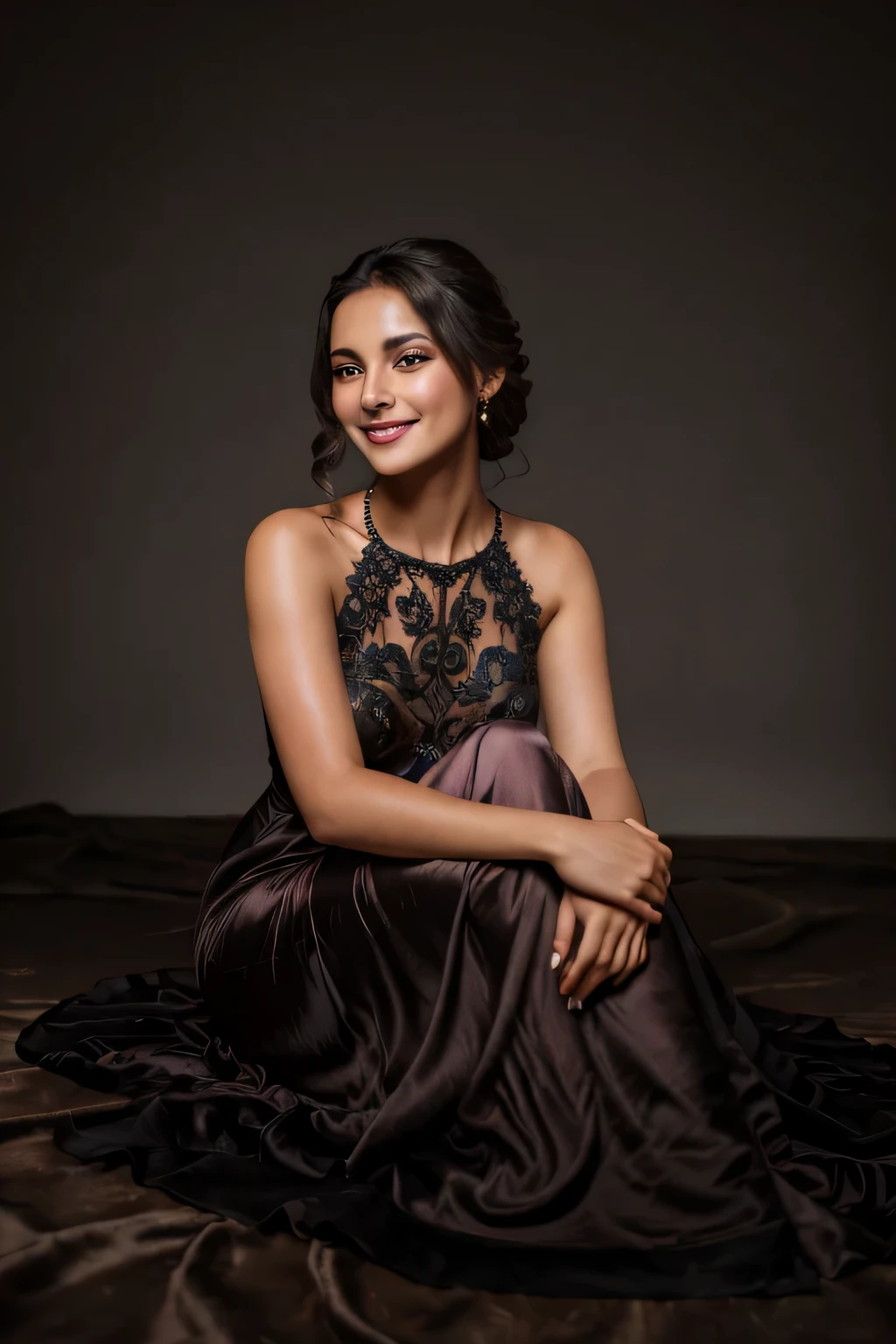 (bright lighting,romantic setting,very detailed face), dreamy background,,soft skin,dark hair, mesmerizing gaze, , soft skin, alluring beauty, artistic portrait, high-quality image, vibrant colors, long silk gown, bridal, smile, , very detailed face