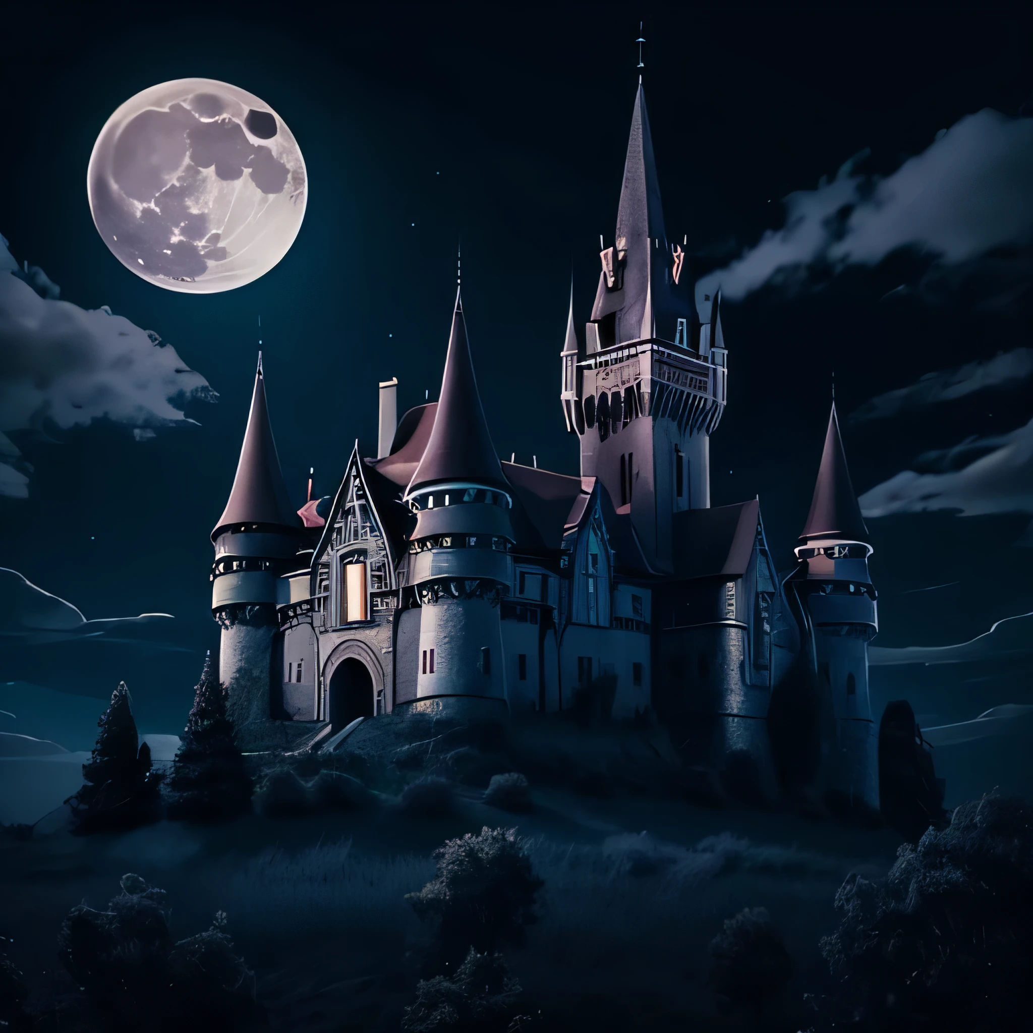 قلعة مصاصي الدماء القديمة في ليلة اكتمال القمر وبعض السحب تبدو مخيفة للغاية