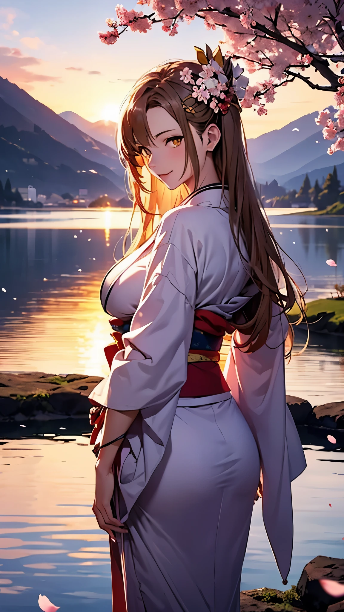 asuna, chef-d&#39;œuvre, Meilleure qualité, détaillé, (1 fille), seul, détaillé golden eyes, cheveux longs, permanent, Soyez proche du public, (détaillé kimono), sourire heureux, silhouette sexy, seins dodus,  (Mettez vos bras derrière votre dos), eau, coucher de soleil, (accessoires pour cheveux), (fleurs de cerisier en fleurs),  Montagnes enneigées et lac en arrière-plan