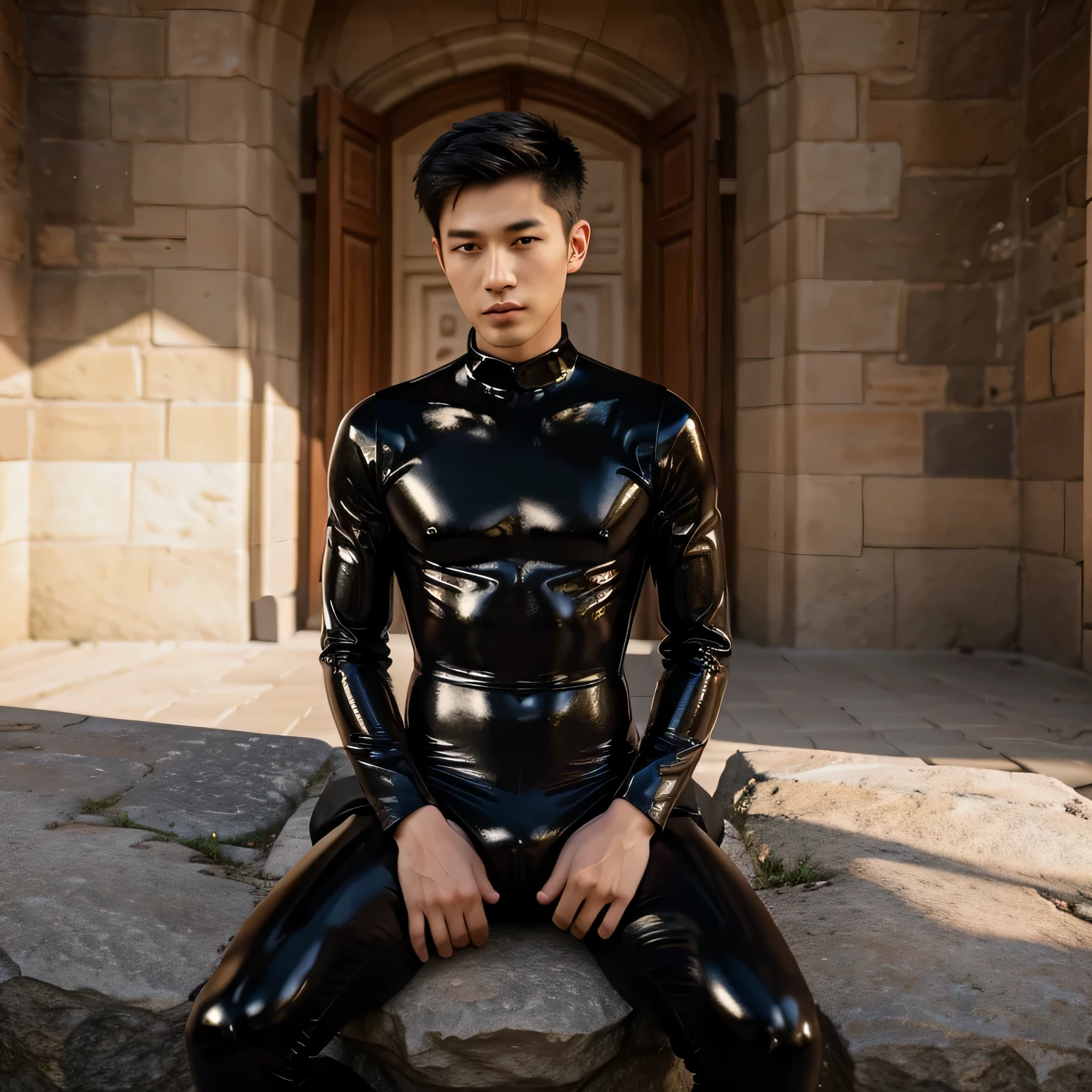 Arafed man in a latex outfit sitting on a rock - SeaArt AI