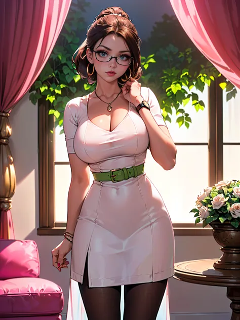 ((1woman, solo, alone, woman, (retro high pony, busty, large breasts), brown hair, brown eyes, prescription glasses, pink lipsti...