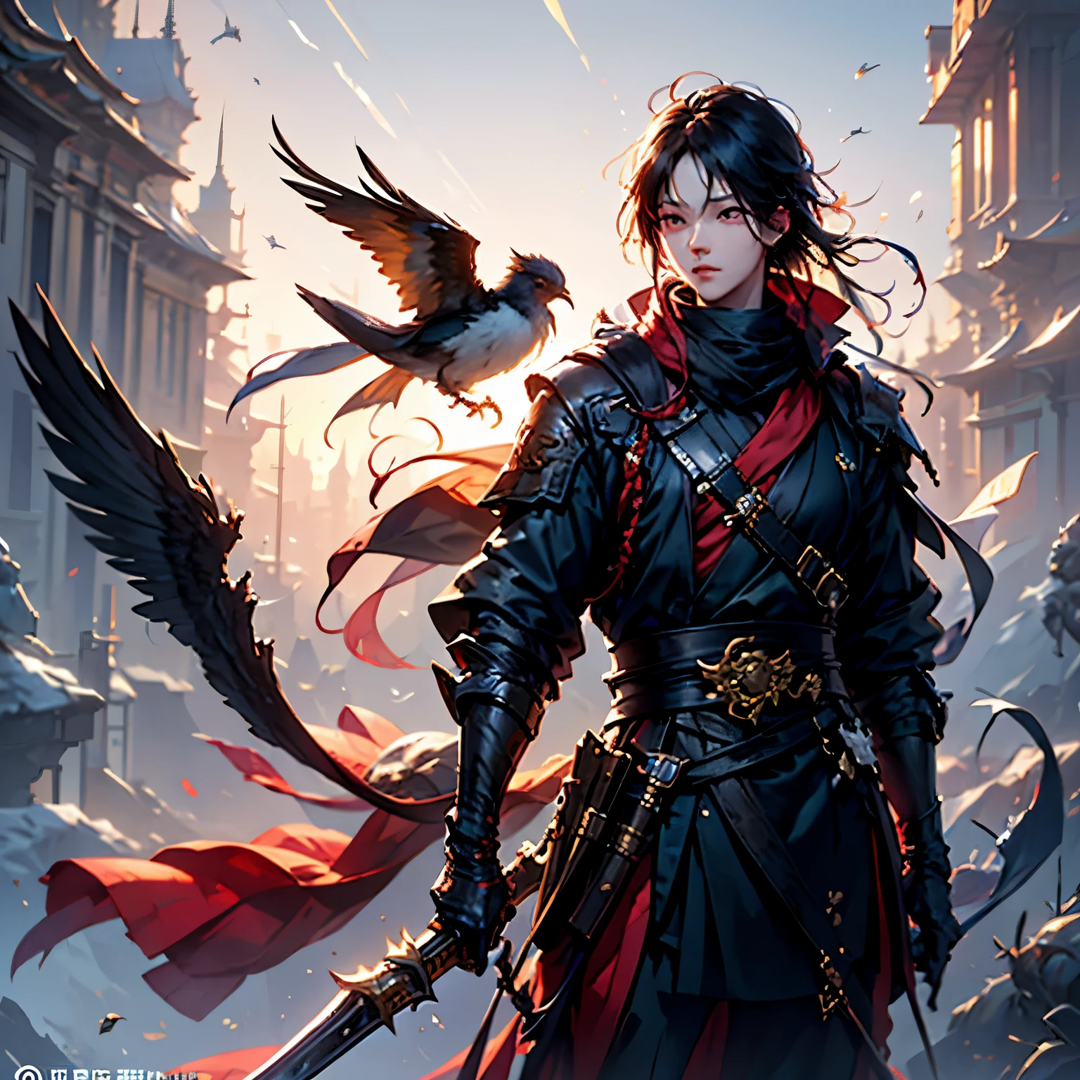 há um menino com um pássaro na mão, por Yang J, artwork in the style of Guweiz, Guweiz on artstation pixiv, Guweiz on pixiv artstation, Guweiz, dos arknights, jovem mago das sombras masculino, por Zeng Jing, por Li Song, tendências no artstation pixiv, por Victor Wang