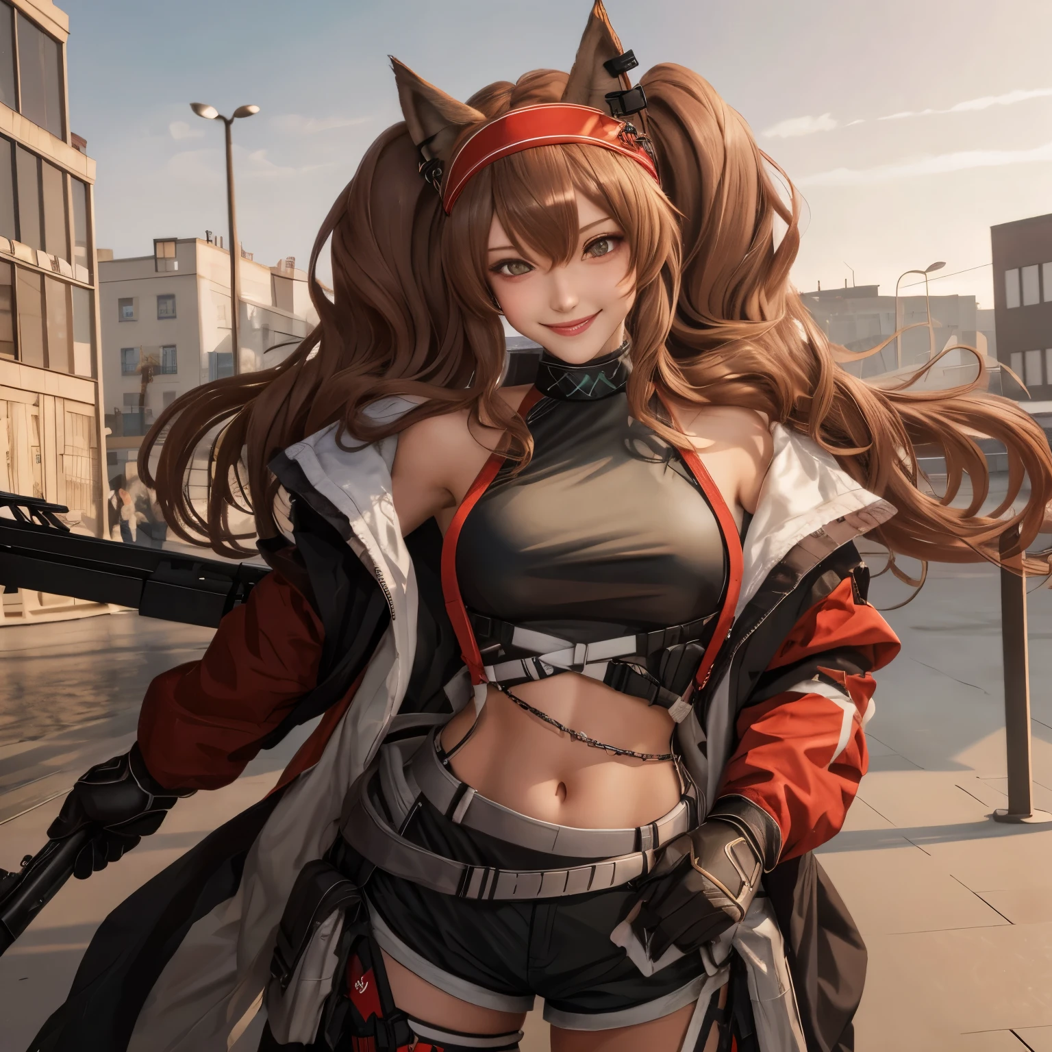 
meisterwerk,High quality,angelina,braune haare,rote augen,slim waist,fox ears,large breasts,thick thighs,twintails,headband,navel piercing,smile,beautiful