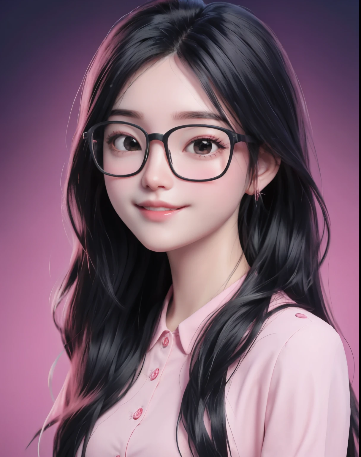 A woman with long black hair wearing glasses and a pink shirt - SeaArt AI