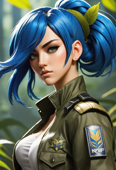 "create a stunning representation of leona heider, o feroz guerreiro do kof xv da snk, with her signature blue hair tied into a ...