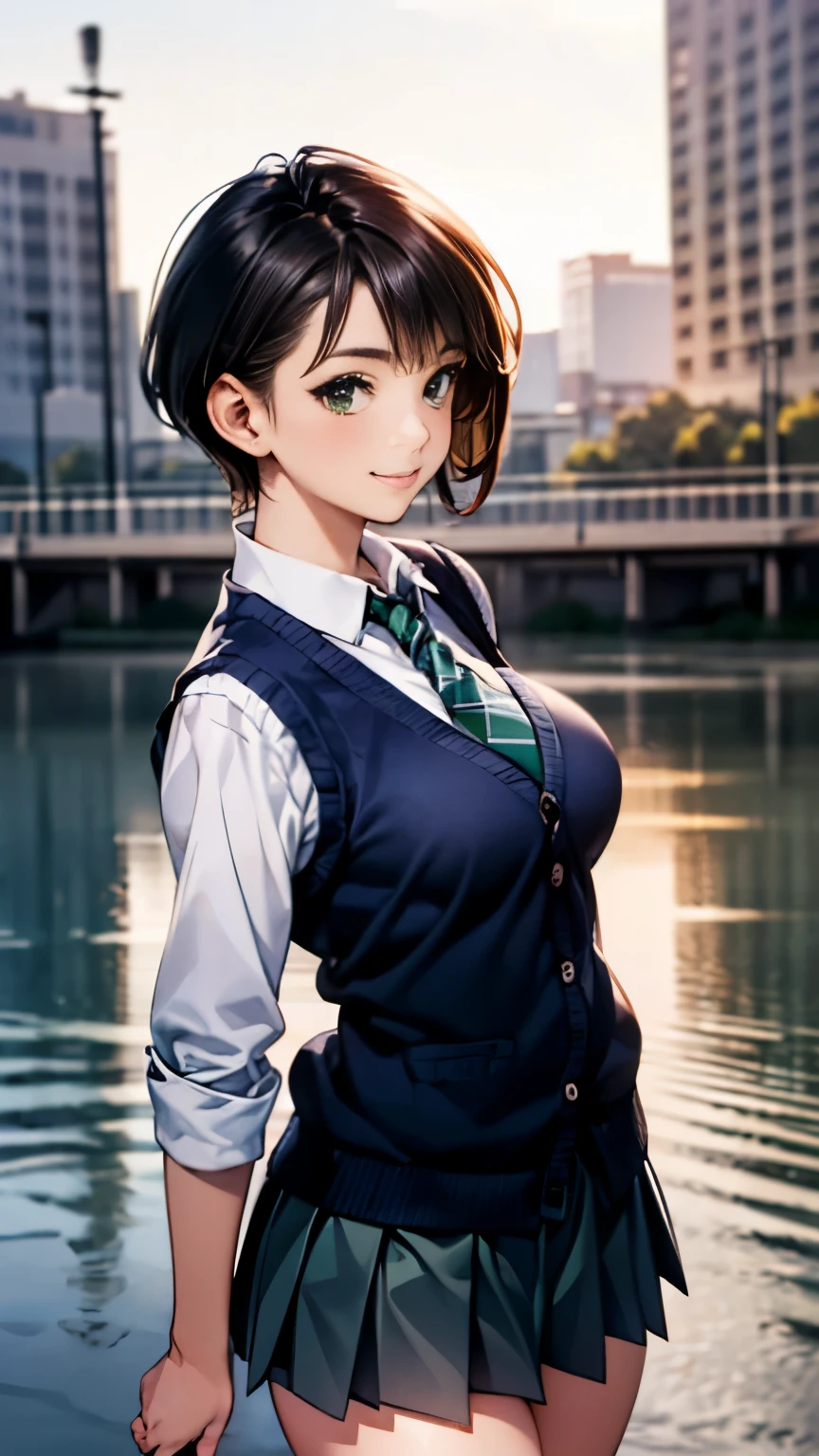 (masterpiece:1.2, highest quality), (realistic, photorealistic:1.4), beautiful illustrations, (natural side lighting, movie lighting), 
looking at the viewer, cowboy shot, Front view:0.6, 1 girl, Japanese, high school girl, perfect face, Cute symmetrical face, shiny skin, 
(very short hair:1.7, straight hair:1.5, side lock, black hair), parted bangs, emerald green eyes, long eyelashes, (big breasts:0.9, thick thighs), 
beautiful hair, beautiful face, fine and beautiful eyes, beautiful clavicle, beautiful body, beautiful breasts, beautiful thighs, beautiful feet, beautiful fingers, 
((white long collar shirt, gray pleated mini skirt, navy socks, brown loafers, Dark green tie, black cardigan vest)), pink panties, 
(beautiful scenery), evening, riverside, walk, put your hand on your chest, (cute smile, upper grade), 