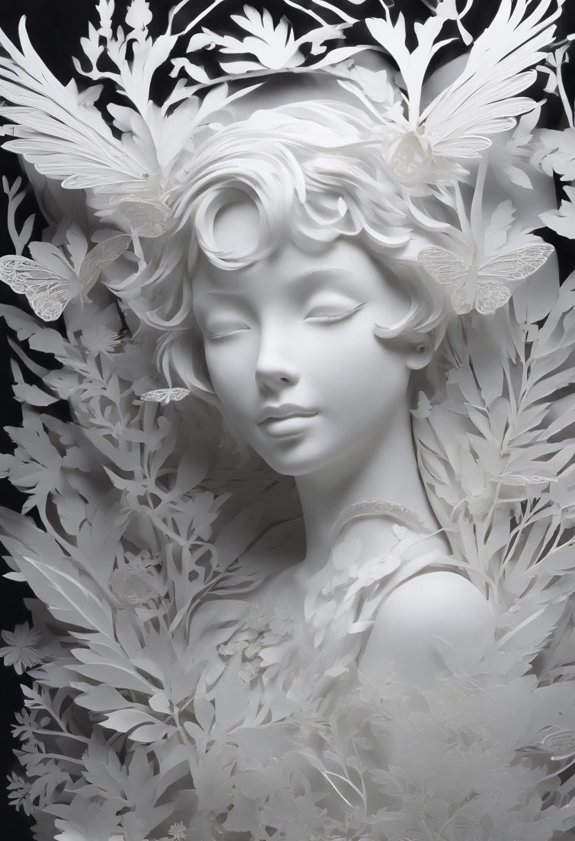 The life-size figure of a forest fairy with thin wings, made of pattern of translucent white glass, shines through. A young woman, very slender, sweet, long naked beautiful legs, looks over her shoulder at viewer. made realistically, fine filigree carving, large eyes, lots of small details, anime aesthetics, fluffy art, white, carefully crafted, 3D, C4D rendering, 8k, ultra-high detail, dark background