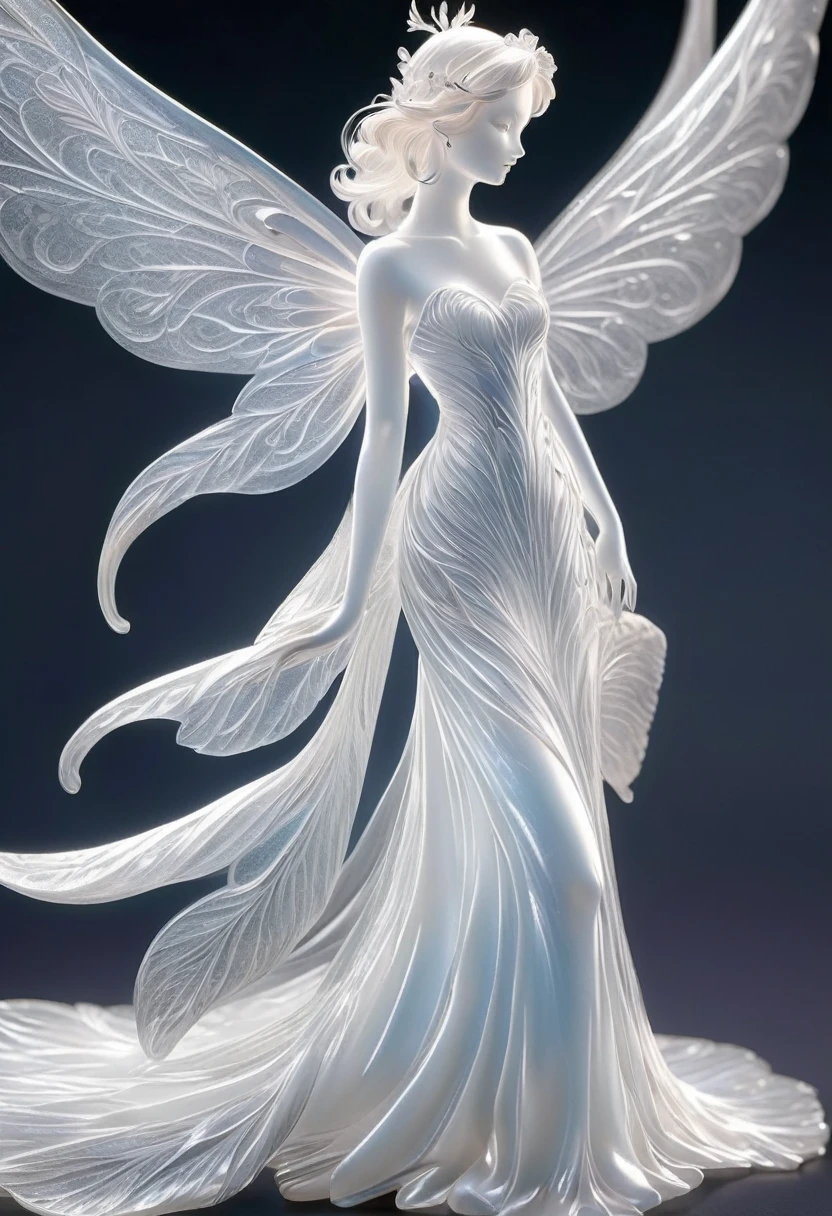 The life-size figure of a forest fairy with thin wings, made of pattern of translucent white glass, shines through. A young woman, very slender, sweet, long naked beautiful legs, looks over her shoulder at viewer. made realistically, fine filigree carving, large eyes, lots of small details, anime aesthetics, fluffy art, white, carefully crafted, 3D, C4D rendering, 8k, ultra-high detail, dark background