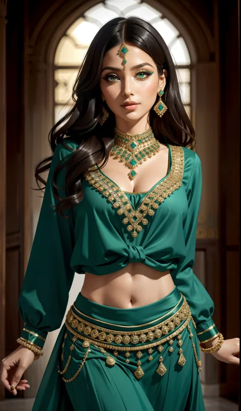 Sexy middle eastern woman, lots of jewellery, green blouse and skirt, amazing makeup, beautiful face, kind eyes, intricate dance...