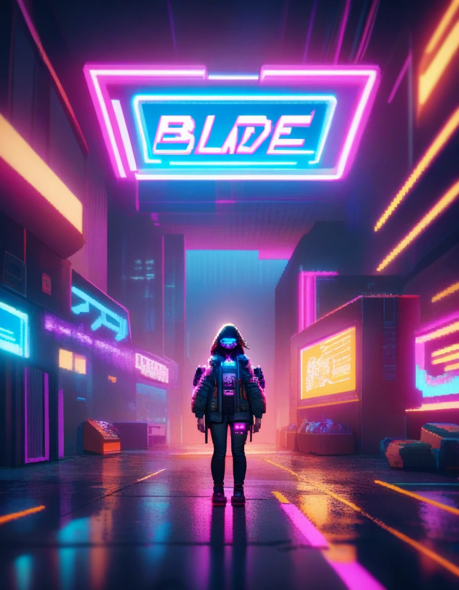 1girl, masterpiece, best quality, very aesthetic, absurdres, (((Futuristic, sci-fi, techy, cyberpunk))) ((((glowing neon lights)))), glitch art,  8-bit pixel art font, chunky, thick strokes, bright vivid neon colors, fantasy, magic, mist, creative, innovation ((inspired by Cyberpunk 2077 game, TRON movies, Blade Runner movie)), digital painting, Unreal Engine, isometric view, cinematic lighting