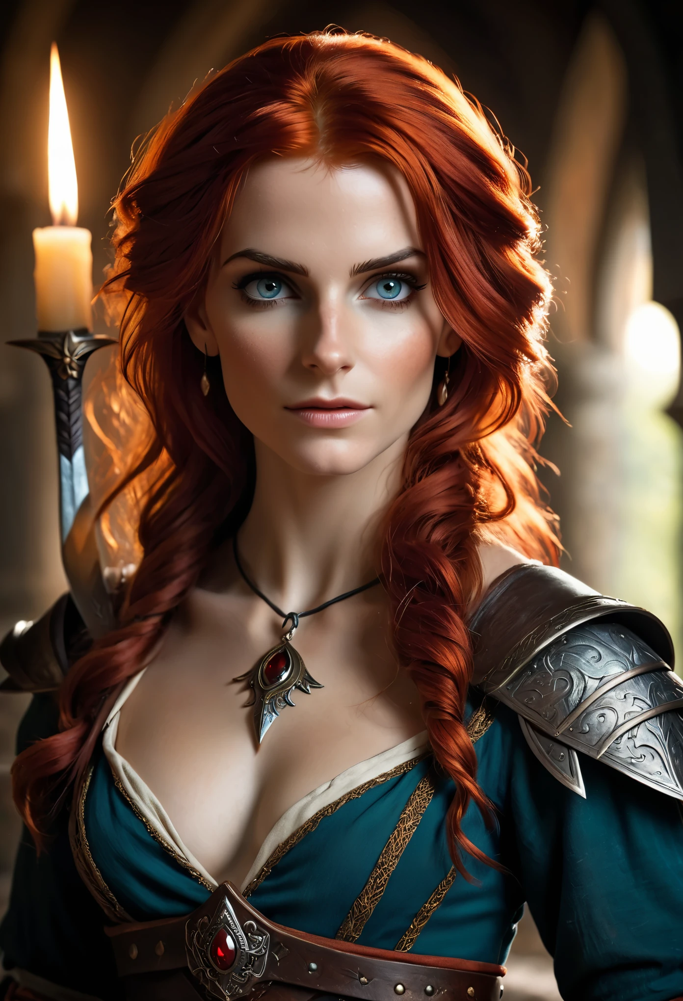 (Realistic:1.2), analog photo, RAW, female sorceress with red hair and tiny clothes, Triss Merigold, fantastic setting in "Witcher" style, whole body, soft natural light, cute and sexy, pleasure, detailed face and eyes, best quality, masterpiece, holding a short dagger in right hand, detailed fantasy background with medieval setting, (quality: 16k), Alluring. highly stylized. depth of field, bokeh effect, backlit, stylish, elegant, breathtaking, visually rich, masterpiece, full body shot.