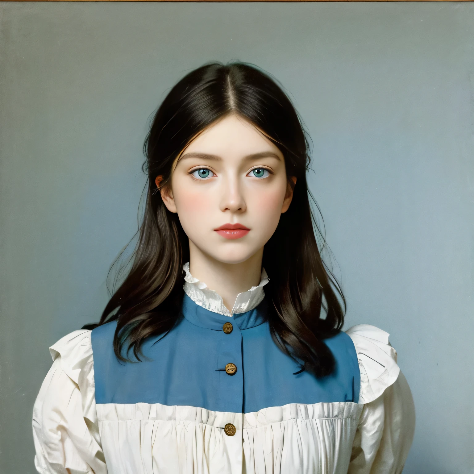 Uma mulher com olhos azuis claros, Um rosto completo, e cabelos extremamente longos, pintado por Édouard Manet, irradia uma elegância desafiadora.  Seu olhar direto e postura confiante desafiam as convenções sociais da época..  A simplicidade do cenário contrasta com a sua presença magnética, criando uma atmosfera de autenticidade intrigante.