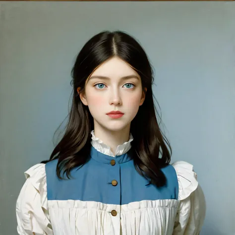 Uma mulher com olhos azuis claros, Um rosto completo, e cabelos extremamente longos, painted by Édouard Manet, radiates a defian...