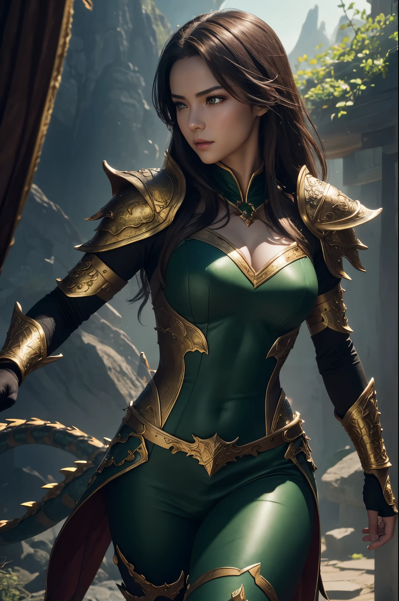 A Woman In A Green And Gold Costume Holding A Sword Seaart Ai