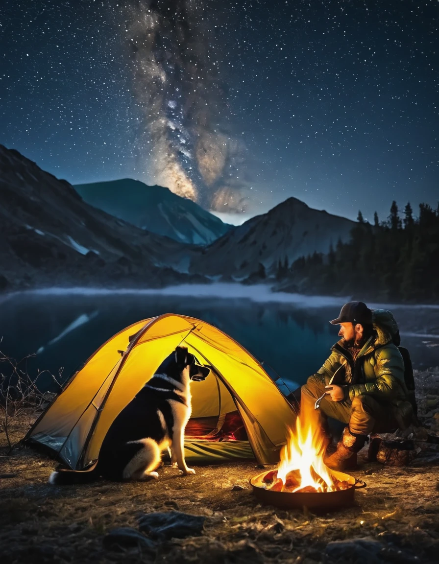 An explorer put a tent and camp and eating in near campfire with the dog on the night