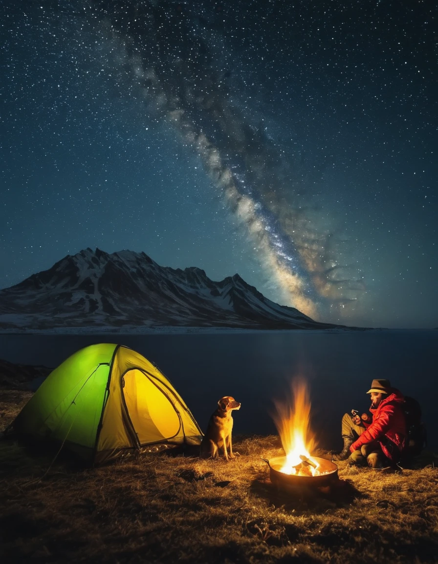 An explorer put a tent and camp and eating in near campfire with the dog on the night