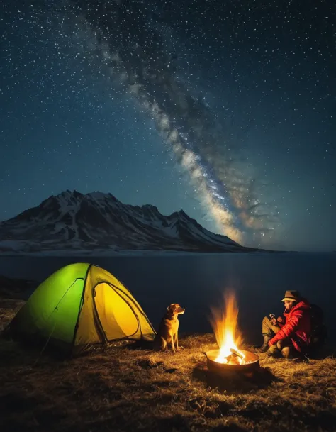 an explorer put a tent and camp and eating in near campfire with the dog on the night