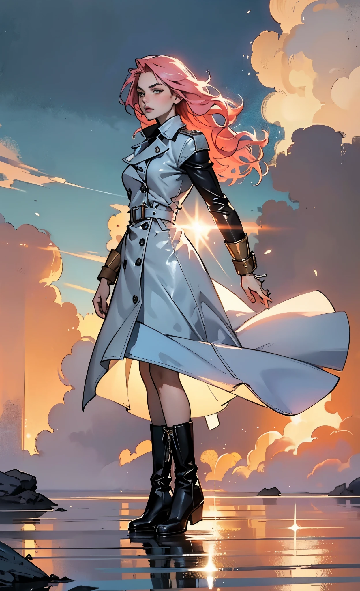 (A beautiful young girl with long curly pink hair, slender eyebrows, sparkling eyes, a bewildered expression, an oval-shapedl face with pale skin, a knee-length form-fitting leather trench coat with very short sleeves, she adorns both hands with metallic wrist guards in a sci-fi ancient civilization style, her long legs are clad in leather boots as she soars through the misty clouds), this character embodies a finely crafted fantasy-realism style western ranger in anime style, exquisite and mature manga art style, porcelain skin, perfect skin, perfect eyes, high definition, best quality, highres, ultra-detailed, ultra-fine painting, extremely delicate, professional, anatomically correct, symmetrical face, extremely detailed eyes and face, high quality eyes, creativity, RAW photo, UHD, 32k, Natural light, cinematic lighting, masterpiece-anatomy-perfect, masterpiece:1.5