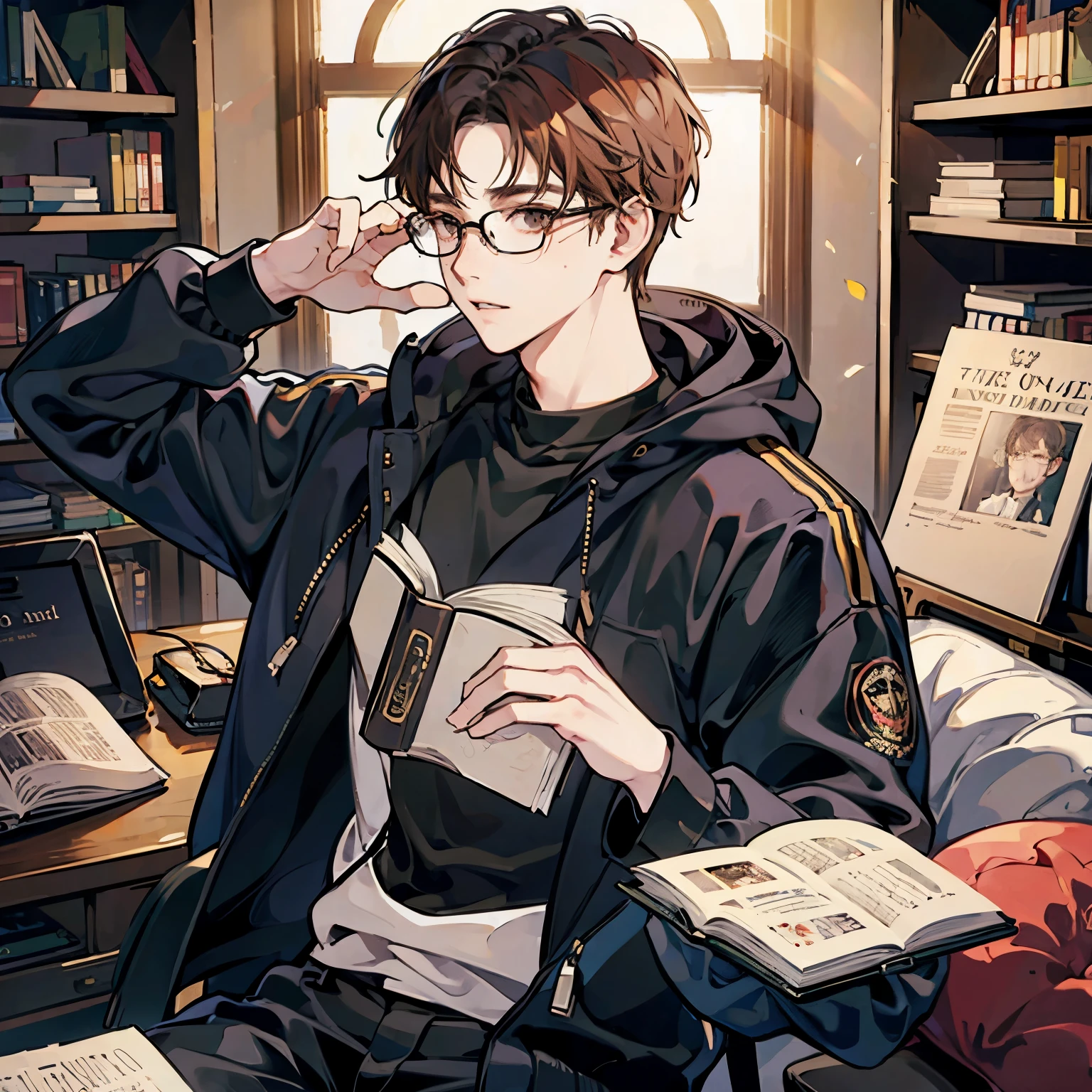 1 man, pale,glasses, brown hair, black eyes, freckles, hoodie, backpack, holding a book