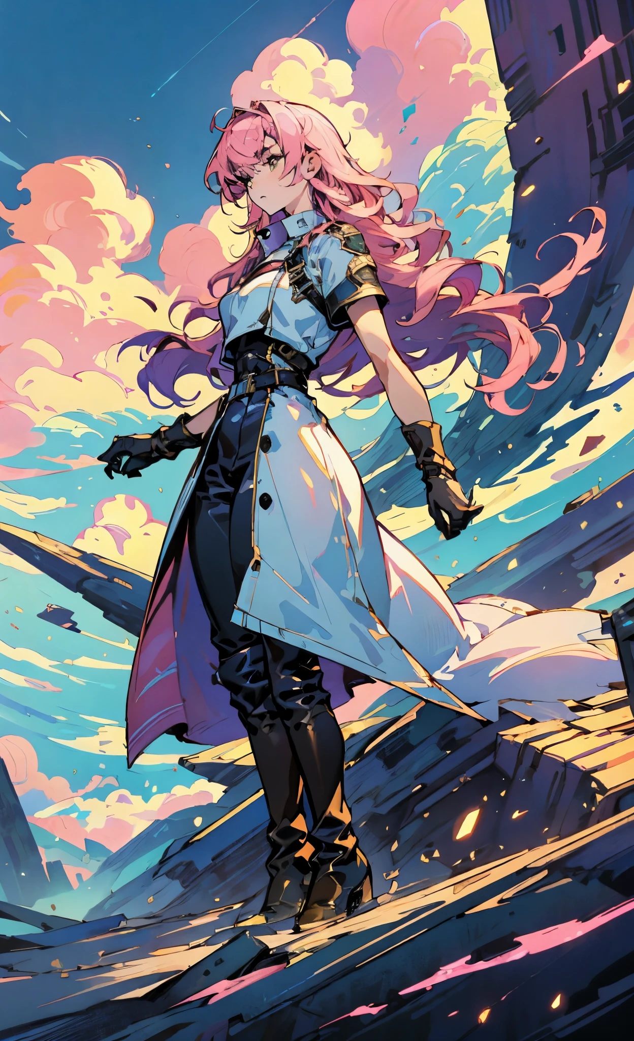 (A beautiful young girl with long curly pink hair, slender eyebrows, sparkling eyes, a bewildered expression, an oval-shapedl face with pale skin, a knee-length form-fitting leather trench coat with very short sleeves, she adorns both hands with metallic wrist guards in a sci-fi ancient civilization style, her long legs are clad in leather boots as she soars through the misty clouds), this character embodies a finely crafted fantasy-realism style western ranger in anime style, exquisite and mature manga art style, porcelain skin, perfect skin, perfect eyes, high definition, best quality, highres, ultra-detailed, ultra-fine painting, extremely delicate, professional, anatomically correct, symmetrical face, extremely detailed eyes and face, high quality eyes, creativity, RAW photo, UHD, 32k, Natural light, cinematic lighting, masterpiece-anatomy-perfect, masterpiece:1.5