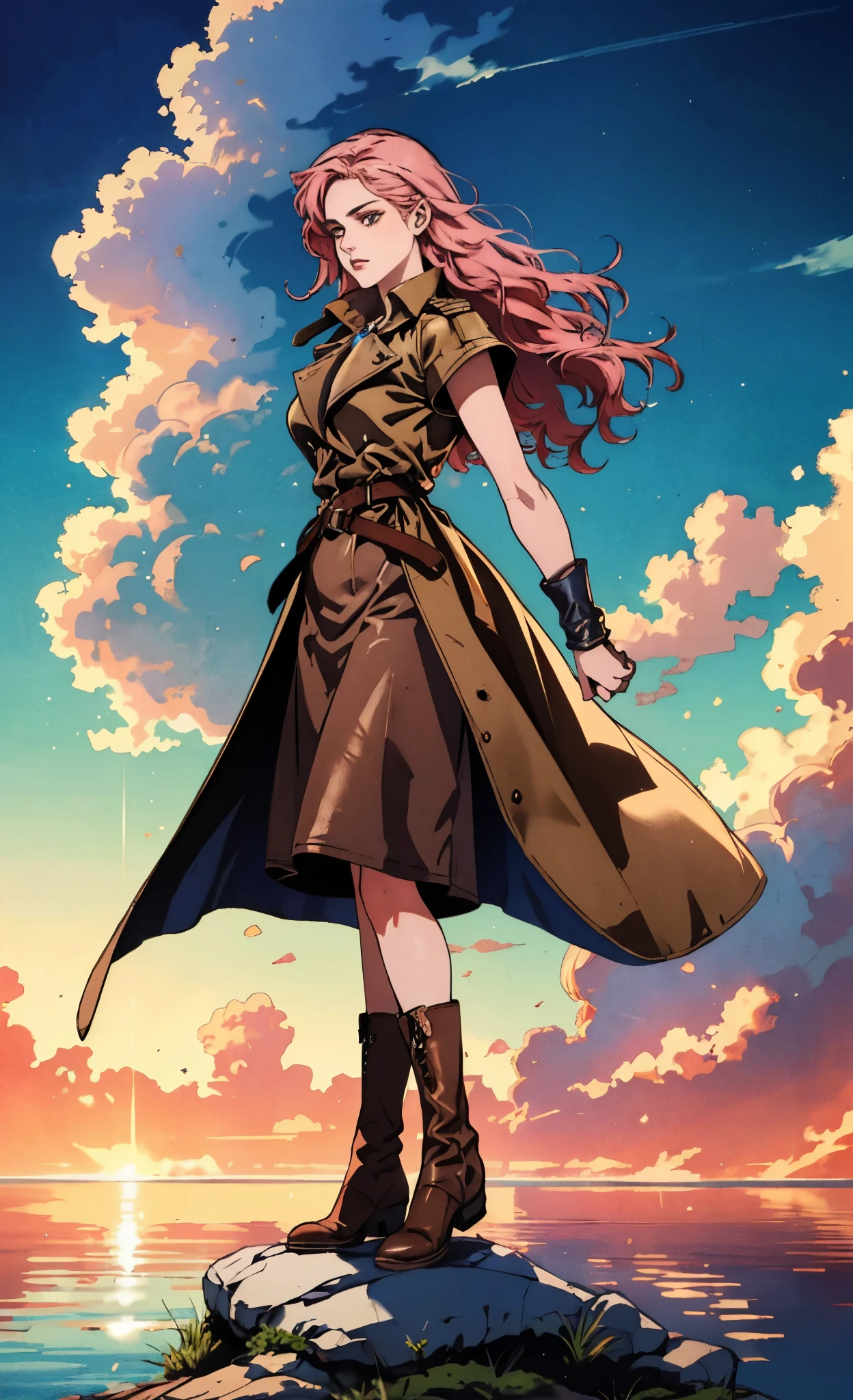 (A beautiful young girl with long curly pink hair, slender eyebrows, sparkling eyes, a bewildered expression, an oval-shapedl face with pale skin, a knee-length form-fitting leather trench coat with very short sleeves, she adorns both hands with metallic wrist guards in a sci-fi ancient civilization style, her long legs are clad in leather boots as she soars through the misty clouds), this character embodies a finely crafted fantasy-realism style western ranger in anime style, exquisite and mature manga art style, porcelain skin, perfect skin, perfect eyes, high definition, best quality, highres, ultra-detailed, ultra-fine painting, extremely delicate, professional, anatomically correct, symmetrical face, extremely detailed eyes and face, high quality eyes, creativity, RAW photo, UHD, 32k, Natural light, cinematic lighting, masterpiece-anatomy-perfect, masterpiece:1.5