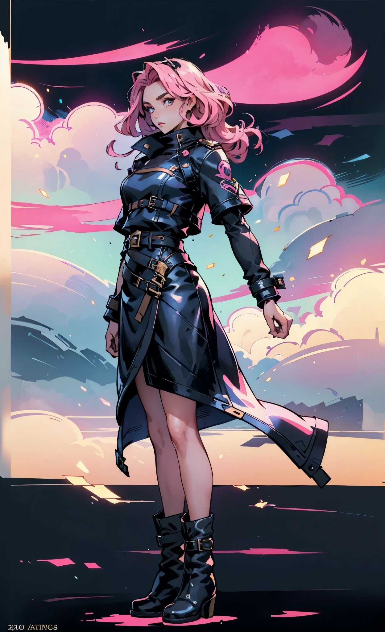 (A beautiful young girl with long curly pink hair, slender eyebrows, sparkling eyes, a bewildered expression, an oval-shapedl face with pale skin, a knee-length form-fitting leather trench coat with very short sleeves, she adorns both hands with metallic wrist guards in a sci-fi ancient civilization style, her long legs are clad in leather boots as she soars through the misty clouds), this character embodies a finely crafted fantasy-realism style western ranger in anime style, exquisite and mature manga art style, porcelain skin, perfect skin, perfect eyes, high definition, best quality, highres, ultra-detailed, ultra-fine painting, extremely delicate, professional, anatomically correct, symmetrical face, extremely detailed eyes and face, high quality eyes, creativity, RAW photo, UHD, 32k, Natural light, cinematic lighting, masterpiece-anatomy-perfect, masterpiece:1.5