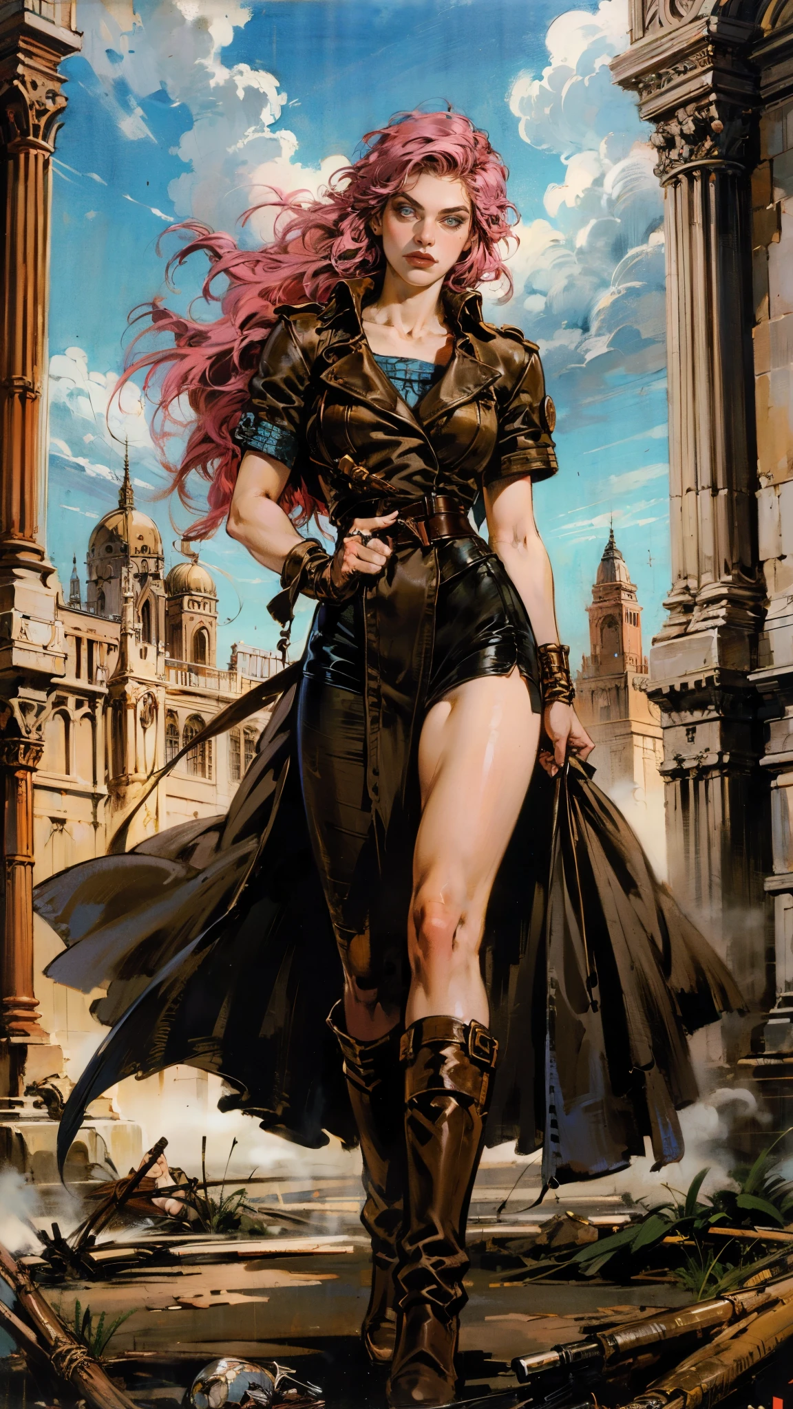 (A beautiful young girl with long curly pink hair, slender eyebrows, sparkling eyes, a bewildered expression, an oval-shapedl face with pale skin, a knee-length form-fitting leather trench coat with very short sleeves, she adorns both hands with metallic wrist guards in a sci-fi ancient civilization style, her long legs are clad in leather boots as she soars through the misty clouds), this character embodies a finely crafted fantasy-realism style western ranger in anime style, exquisite and mature manga art style, porcelain skin, perfect skin, perfect eyes, (Alexandra Daddario:1.2), high definition, best quality, highres, ultra-detailed, ultra-fine painting, extremely delicate, professional, anatomically correct, symmetrical face, extremely detailed eyes and face, high quality eyes, creativity, RAW photo, UHD, 32k, Natural light, cinematic lighting, masterpiece-anatomy-perfect, masterpiece:1.5