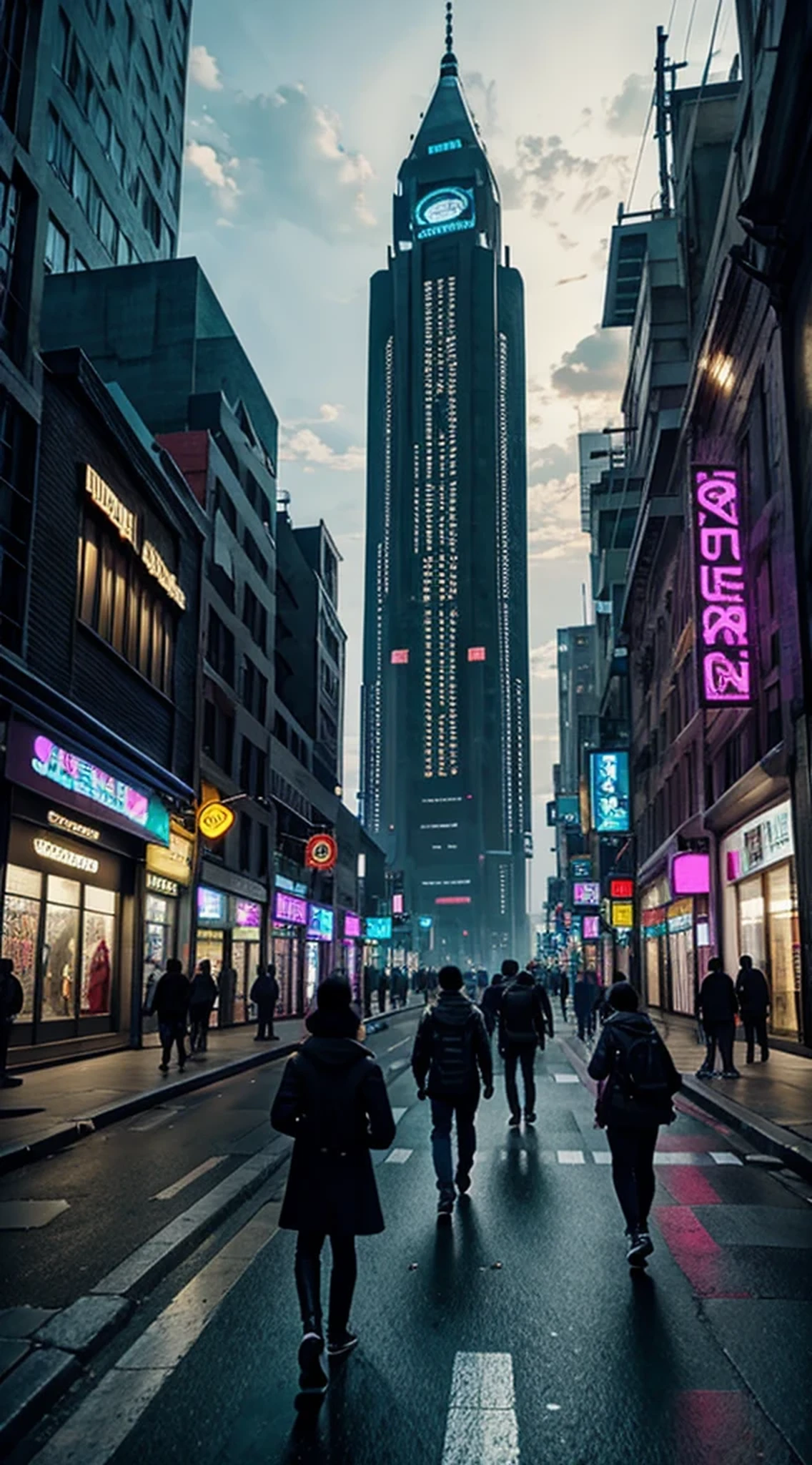 Menschen, die nachts in einer Stadt spazieren gehen, mit einem großen Glockenturm im Hintergrund, in a futuristic cyberpunk city, futuristisches Cyberpunk-Szenario, arstation und beeple hoch, in einer Fantasy-Science-Fiction-Stadt, sci-fi cyberpunk city street, busy cyberpunk metropolis, 3D-Rendering von Beeple, filmischer Beeple, cyberpunk city street, im Stil von Beeple