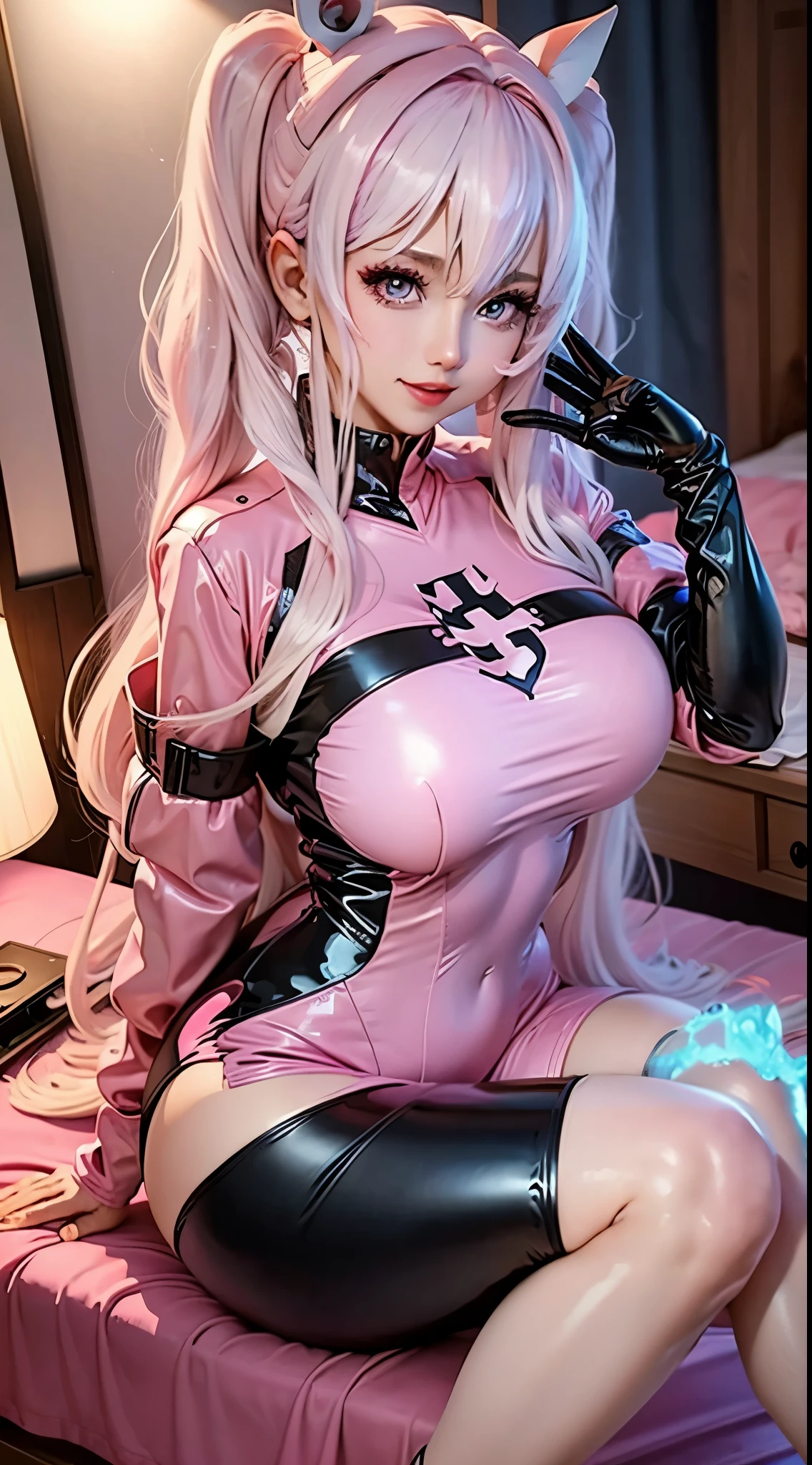 8k, Ultra Macro Photography, (masterpiece, best quality), age mid 20s, ((Alice)): character from Goddess of Victory, waifu, realistic, inside environment, dark room, ((bedroom)),
shiny pink latex, skintight latex, long sleeve one piece outfit, beautiful face, long bangs, long hair, two pigtails hairstyle, white hair w/pink highlights, pink eyes, eyelashes, (standing), side booty, :D
defined thick thighs, hourglass body, ((huge breasts)), underboob, 
sitting on bed, (leaning forward), zoom in face