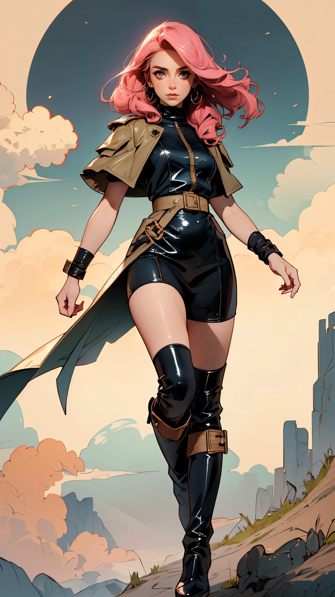 (A beautiful young girl with long curly pink hair, slender eyebrows, sparkling eyes, a bewildered expression, an oval-shapedl face with pale skin, a knee-length form-fitting leather trench coat with very short sleeves, she adorns both hands with metallic wrist guards in a sci-fi ancient civilization style, her long legs are clad in leather boots as she soars through the misty clouds), this character embodies a finely crafted fantasy-realism style western ranger in anime style, exquisite and mature manga art style, porcelain skin, perfect skin, perfect eyes, (Alison Brie:1.2), high definition, best quality, highres, ultra-detailed, ultra-fine painting, extremely delicate, professional, anatomically correct, symmetrical face, extremely detailed eyes and face, high quality eyes, creativity, RAW photo, UHD, 32k, Natural light, cinematic lighting, masterpiece-anatomy-perfect, masterpiece:1.5