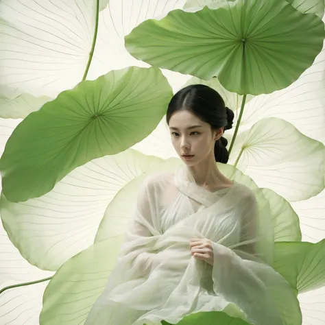 there is a woman holding a fan in front of a big leaf, inspired by tang yifen, inspired by tang yin, palace ， a girl wearing han...