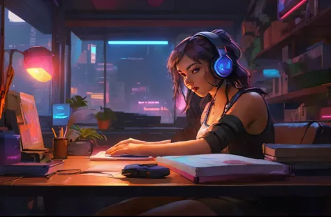 anime girl sitting at a desk with headphones on and a laptop, digital cyberpunk anime art, cyberpunk vibe, cyberpunk anime art, ...