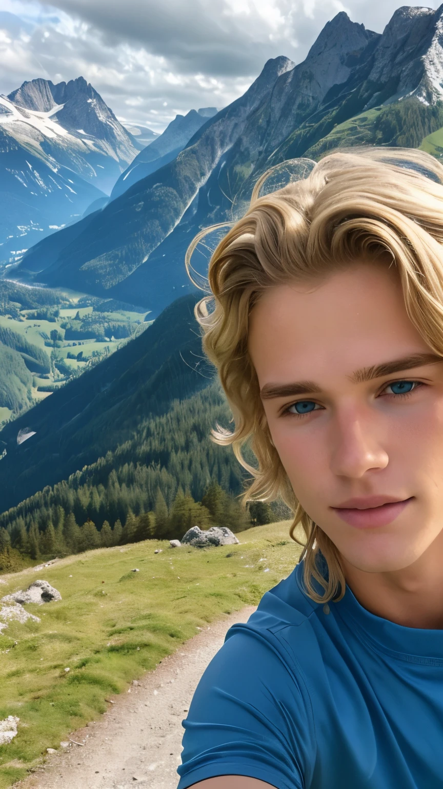 ((selfie)), ((ultra realistic)), (melhor qualidade, Obra de arte:1,2), ultra-detalhado, (rosto perfeito), (corpo todo), Proporções perfeitas, homem jovem, 20 anos de idade, look surfista, cabelo loiro do inferno, Cantor, , usa roupas de caminhada, caminhando nas montanhas da Baviera