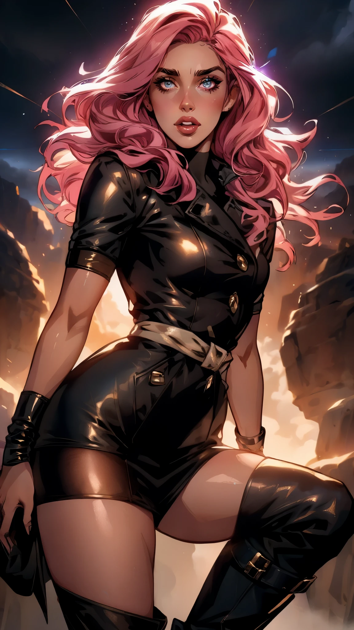 (A beautiful young girl with long curly pink hair, slender eyebrows, sparkling eyes, a bewildered expression, an oval-shapedl face with pale skin, a knee-length form-fitting leather trench coat with very short sleeves, she adorns both hands with metallic wrist guards in a sci-fi ancient civilization style, her long legs are clad in leather boots as she soars through the misty clouds), this character embodies a finely crafted fantasy-realism style western ranger in anime style, exquisite and mature manga art style, porcelain skin, perfect skin, perfect eyes, (Alison Brie:1.2), high definition, best quality, highres, ultra-detailed, ultra-fine painting, extremely delicate, professional, anatomically correct, symmetrical face, extremely detailed eyes and face, high quality eyes, creativity, RAW photo, UHD, 32k, Natural light, cinematic lighting, masterpiece-anatomy-perfect, masterpiece:1.5