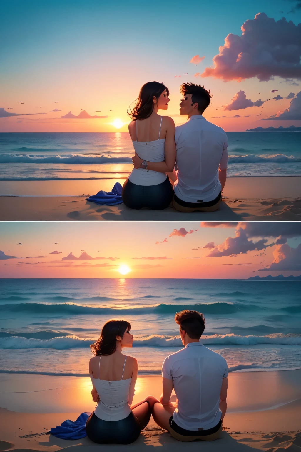 A couple sitting on the beach at sunset with the sun setting - SeaArt AI