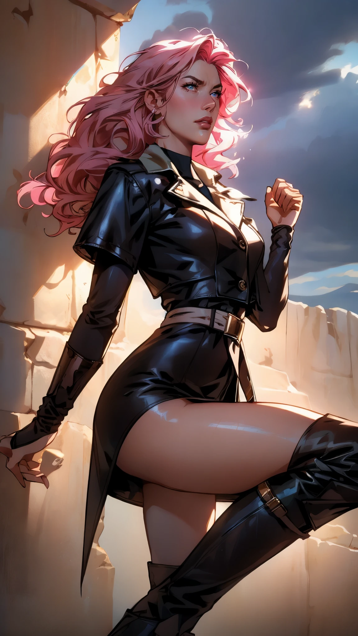 (A beautiful young girl with long curly pink hair, slender eyebrows, sparkling eyes, a bewildered expression, an oval-shapedl face with pale skin, a knee-length form-fitting leather trench coat with very short sleeves, she adorns both hands with metallic wrist guards in a sci-fi ancient civilization style, her long legs are clad in leather boots as she soars through the misty clouds), this character embodies a finely crafted fantasy-realism style western ranger in anime style, exquisite and mature manga art style, porcelain skin, perfect skin, perfect eyes, (Mary Elizabeth Winstead:1.2), high definition, best quality, highres, ultra-detailed, ultra-fine painting, extremely delicate, professional, anatomically correct, symmetrical face, extremely detailed eyes and face, high quality eyes, creativity, RAW photo, UHD, 32k, Natural light, cinematic lighting, masterpiece-anatomy-perfect, masterpiece:1.5