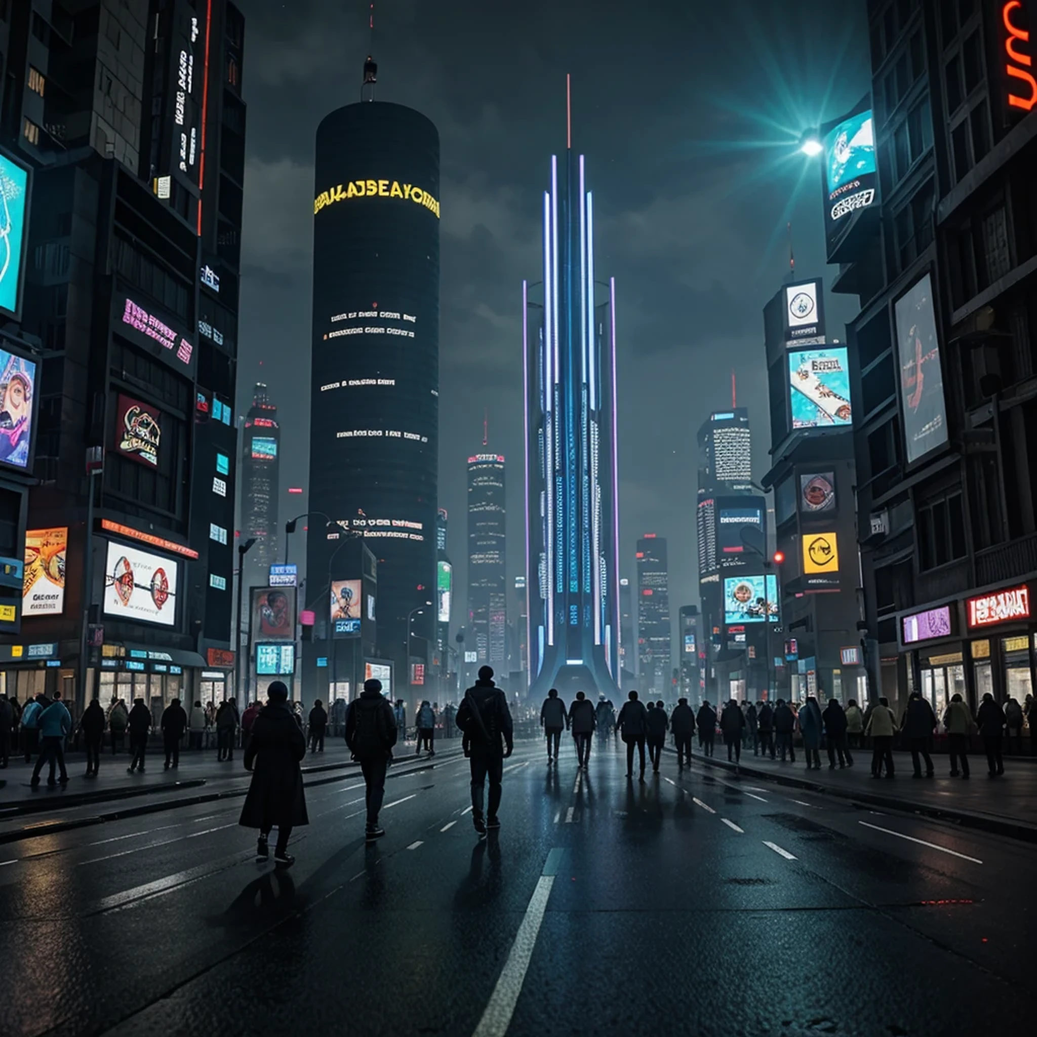Menschen, die nachts in einer Stadt spazieren gehen, mit einem großen Glockenturm im Hintergrund, in a futuristic cyberpunk city, futuristisches Cyberpunk-Szenario, arstation und beeple hoch, in einer Fantasy-Science-Fiction-Stadt, sci-fi cyberpunk city street, busy cyberpunk metropolis, 3D-Rendering von Beeple, filmischer Beeple, cyberpunk city street, im Stil von Beeple