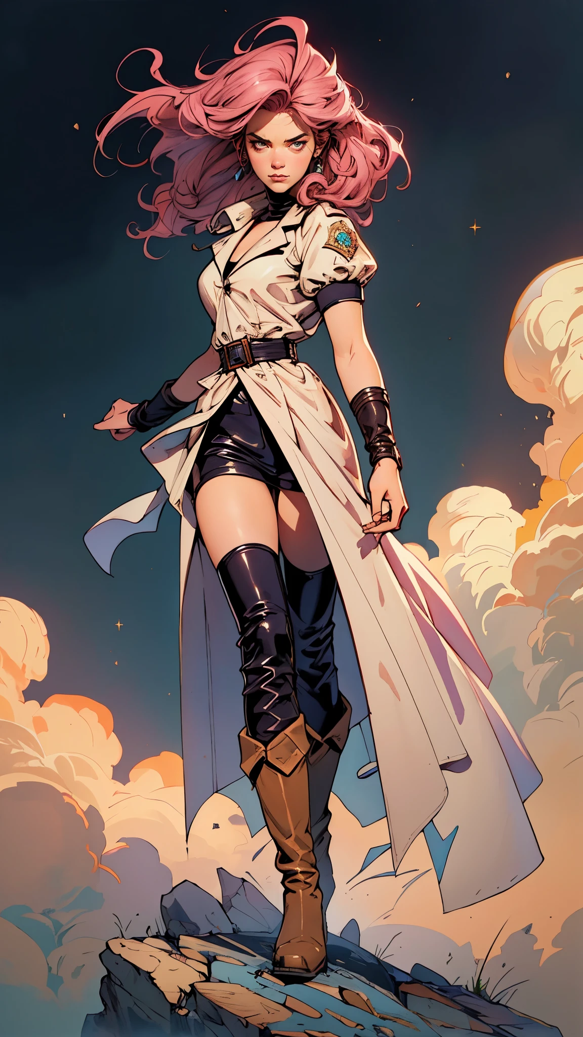 (A beautiful young girl with long curly pink hair, slender eyebrows, sparkling eyes, a bewildered expression, an oval-shapedl face with pale skin, a knee-length form-fitting leather trench coat with very short sleeves, she adorns both hands with metallic wrist guards in a sci-fi ancient civilization style, her long legs are clad in leather boots as she soars through the misty clouds), this character embodies a finely crafted fantasy-realism style western ranger in anime style, exquisite and mature manga art style, porcelain skin, perfect skin, perfect eyes, (Mary Elizabeth Winstead:1.2), high definition, best quality, highres, ultra-detailed, ultra-fine painting, extremely delicate, professional, anatomically correct, symmetrical face, extremely detailed eyes and face, high quality eyes, creativity, RAW photo, UHD, 32k, Natural light, cinematic lighting, masterpiece-anatomy-perfect, masterpiece:1.5