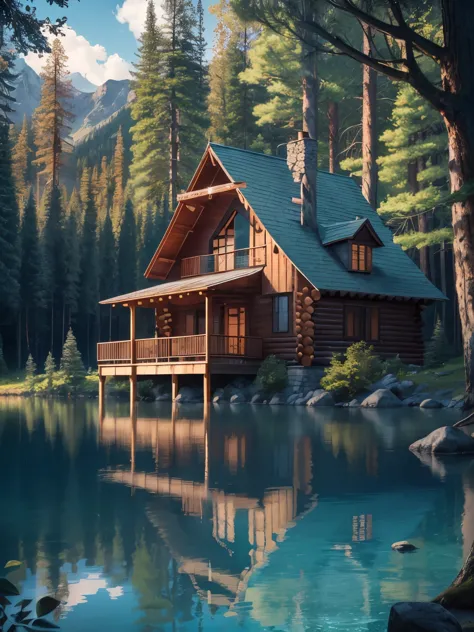 A beautiful cabin next to a lake of crystal clear waters, surrounded by majestic trees and inhabited by magical creatures. Highl...